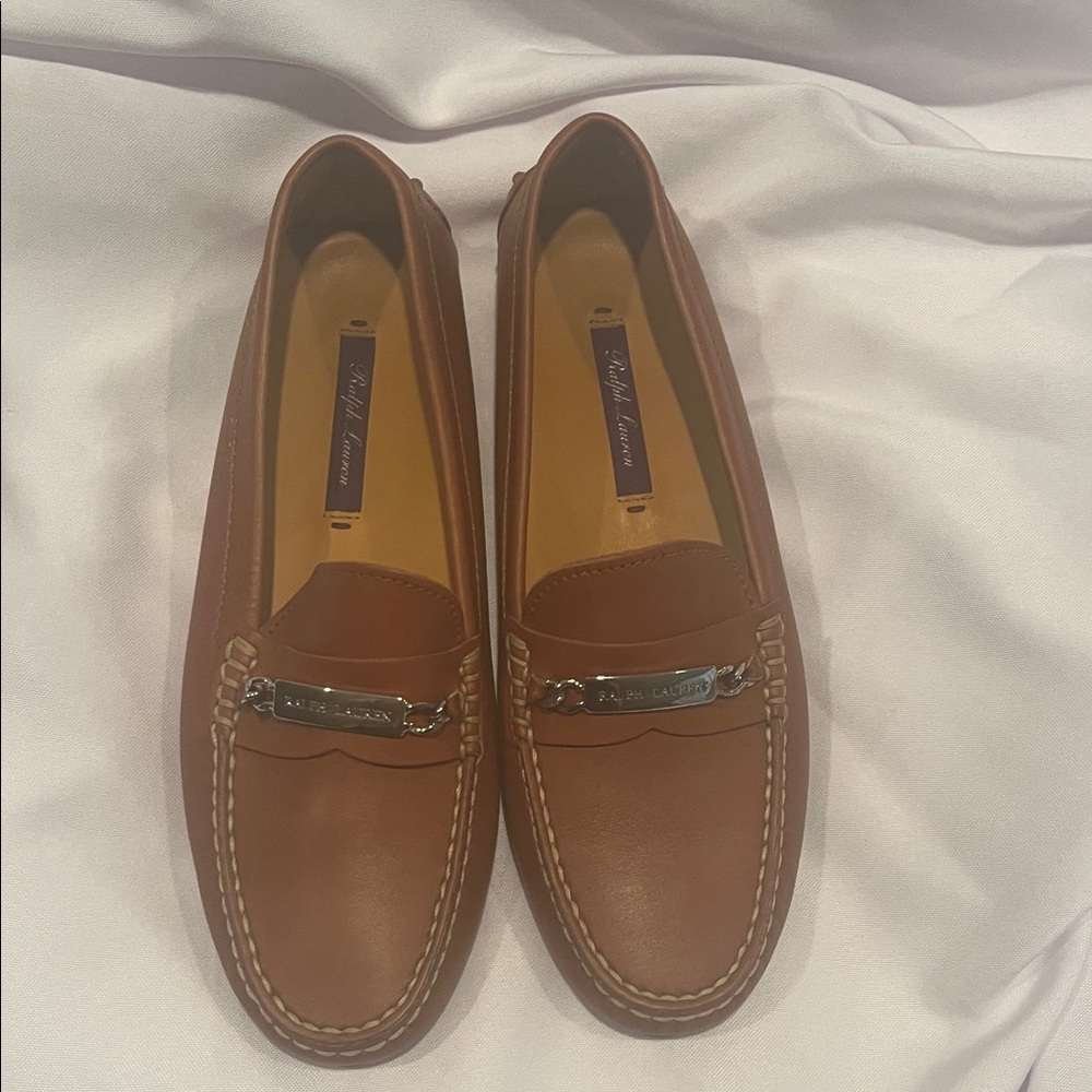 Ralph Lauren Brand New Tan Leather Loafers with Silver Accent NWOB